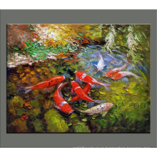 Pintura moderna de los pescados de Koi hecha a mano en la lona para la venta al por mayor (AN-067)